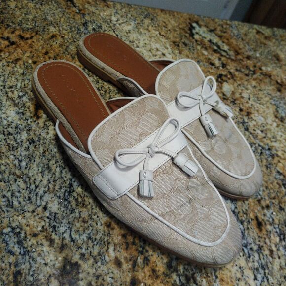 Coach Stassi Signature Jacquard Flats Slides FG2709 Light Khaki Womens Size 10 B - Picture 2 of 11